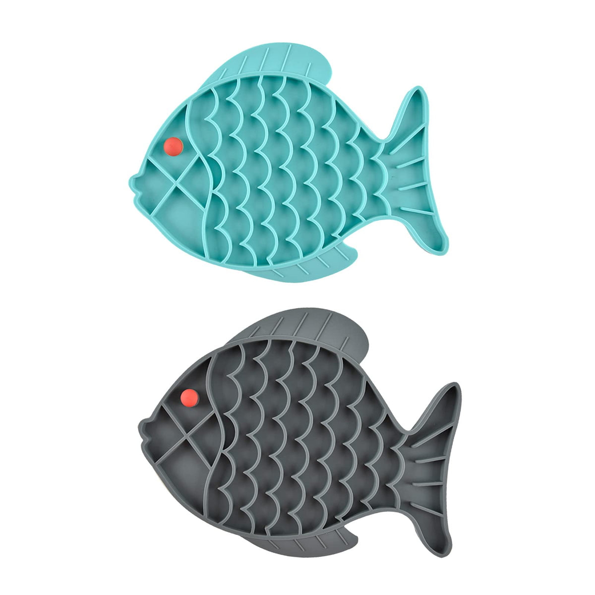 Slow Feeder Cat Bowls 2 Pack Fish-Shaped Silicone Puzzle Feeders for Healthy Eating & Anxiety Relief - Lick Treat Mat for Dogs & Cats (Blue+Grey)